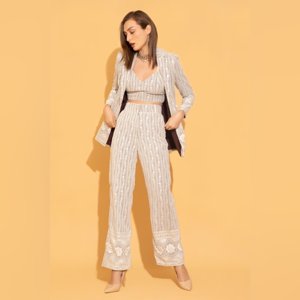 TORQADORN grey chikankari blazer 3 piece set